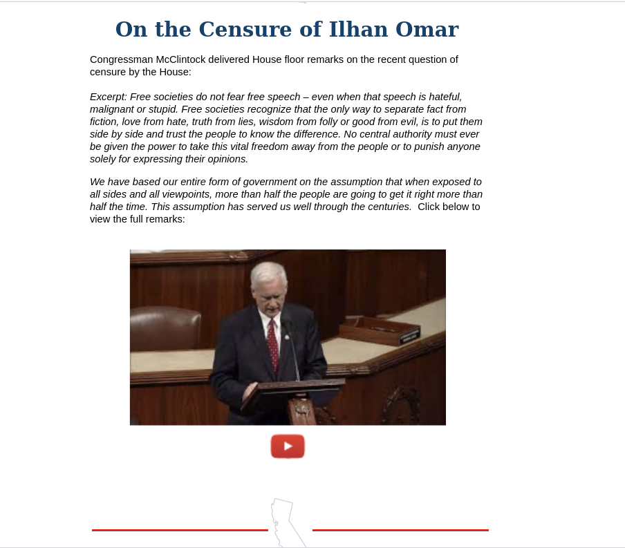 Congress McClintock from California Condones Free Speech as Long as it is not Legalhotwater Doing the Speaking