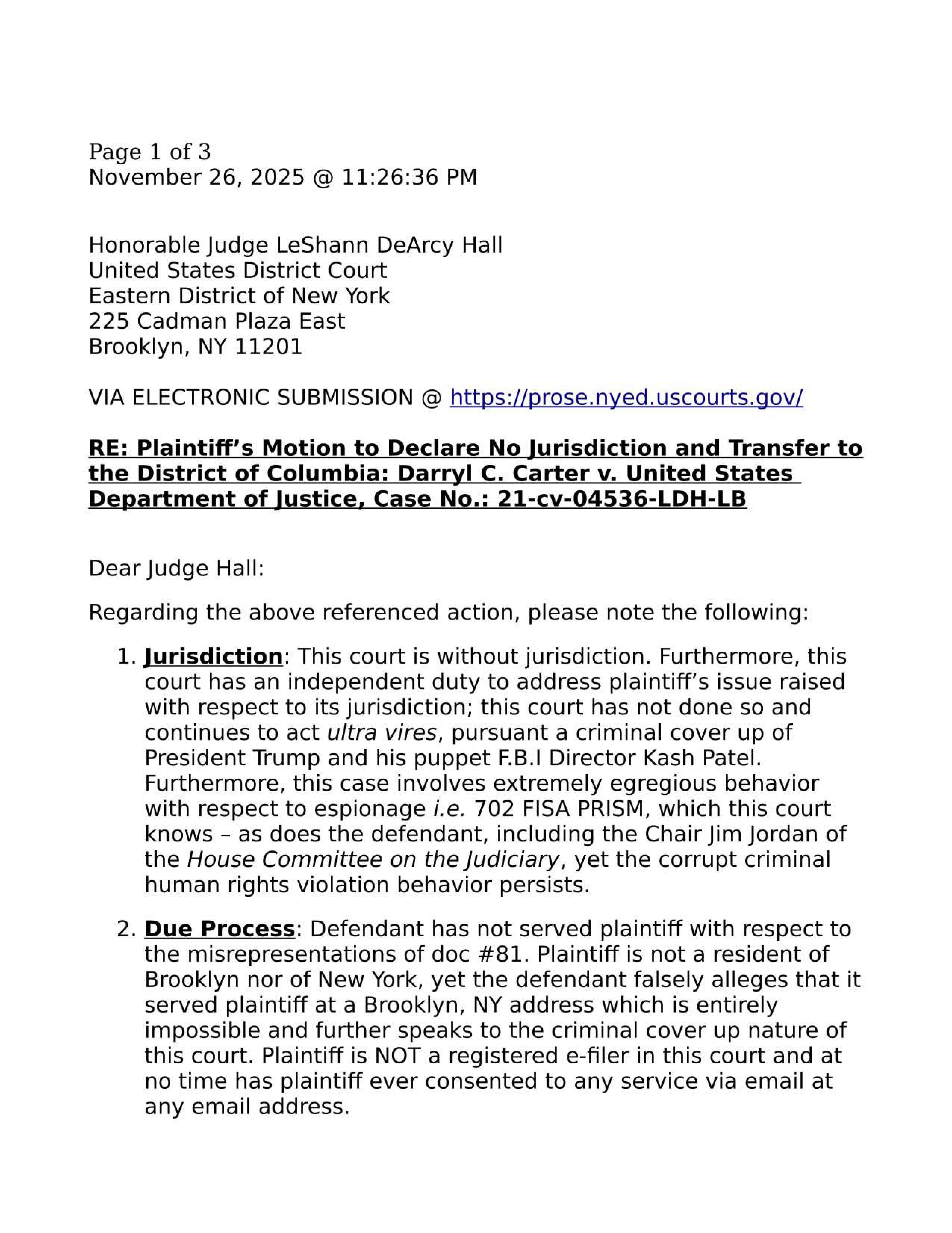 Darryl C. Carter vs. Department of Justice Motion to Declare No Jurisdiction